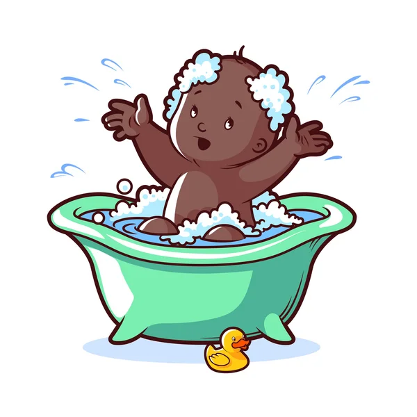 Babybaden in grünem Bad mit Schaumstoff und Gummiente — Stockvektor