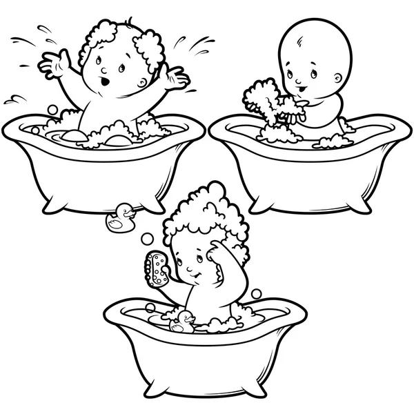 Baby bathing in bath with foam and rubber duck. — Stock Vector