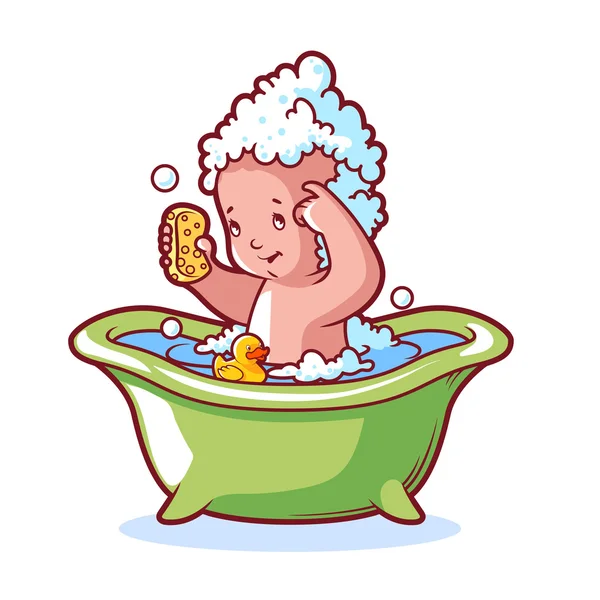 Baby bathing in green bath with foam and rubber duck. — Stock Vector