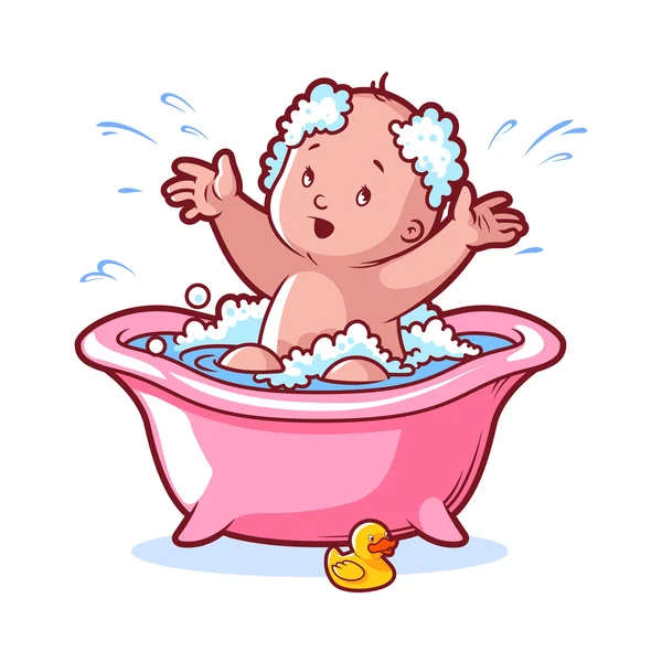 Baby bathing in pink bath with foam and rubber duck — Stock Vector