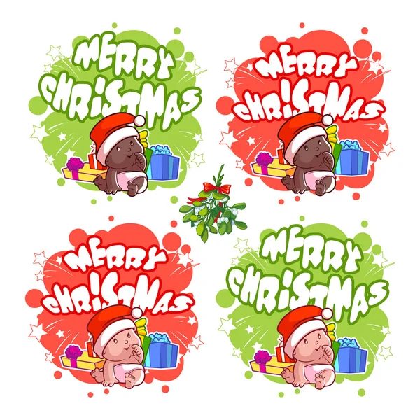 Vánoční logo s baby, dary a větev jmelí Stock Vektory