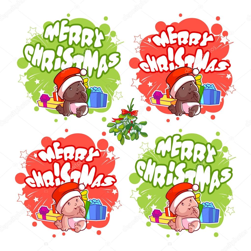 Christmas logo with baby, gifts and branch of mistletoe. Vector clip-art illustration. Christmas template.