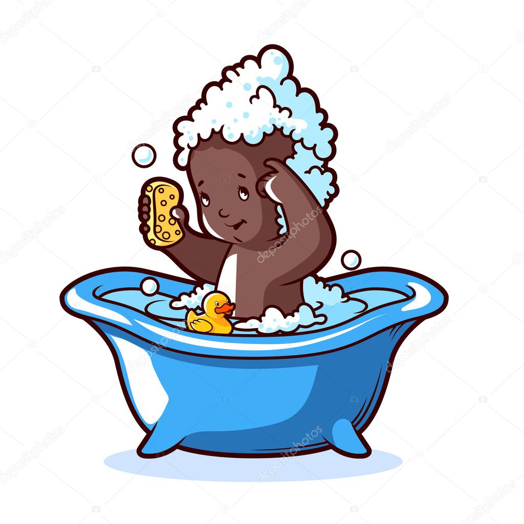 Baby bathing in blue bath with foam and rubber duck. — Stock Vector