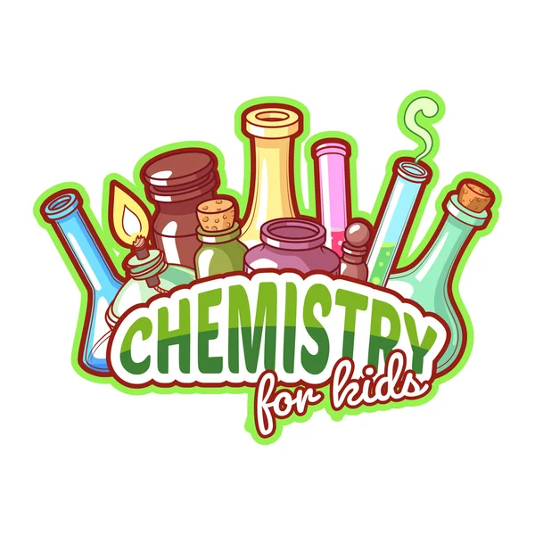 Chemistry title with chemical flasks on a white background — Stock Vector