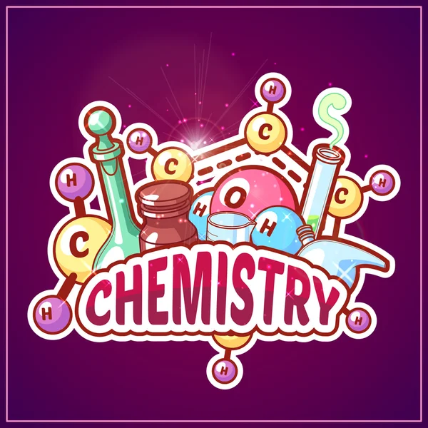 Chemistry title with chemical elements and flasks on a dark back — Stock Vector