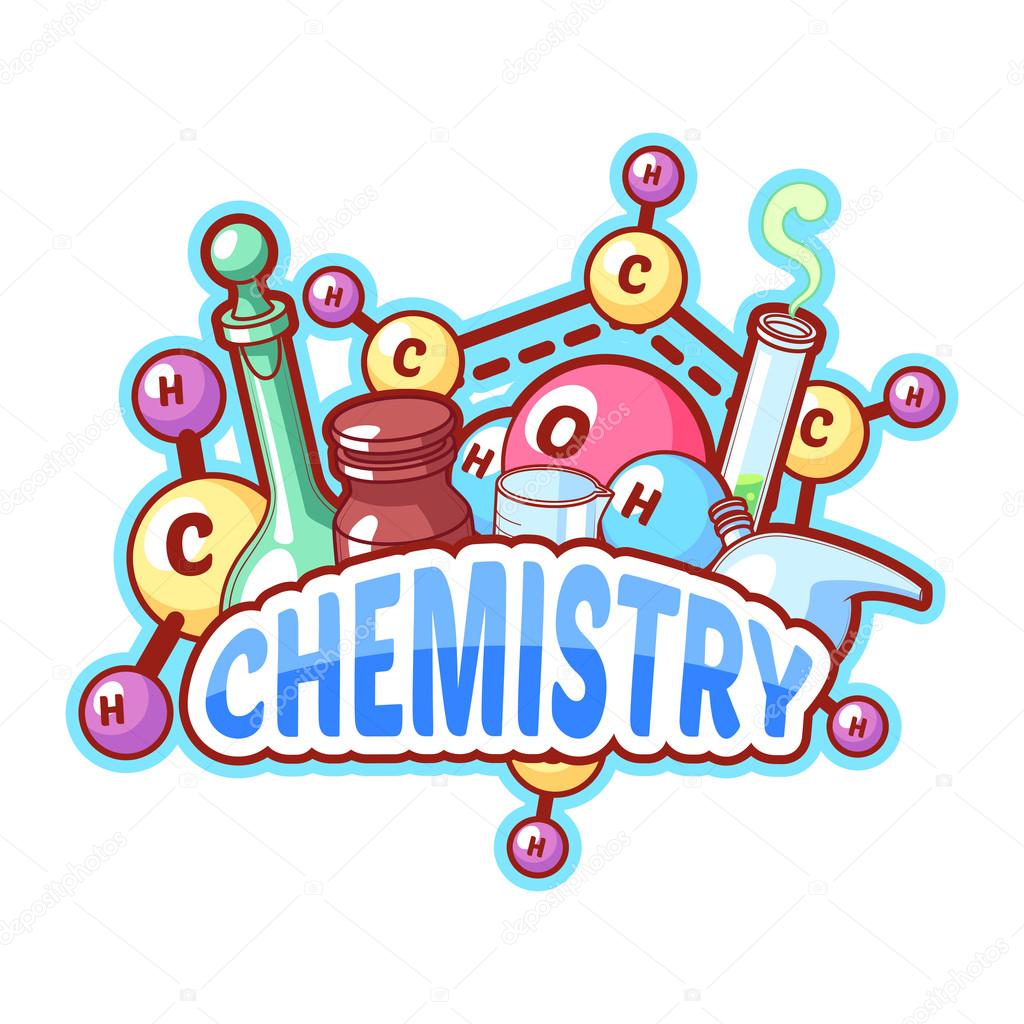Chemistry title with chemical elements and flasks on a white bac