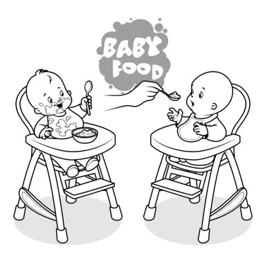 İki bebek sandalyesi tabak yulaf lapası ile çocuklarda.