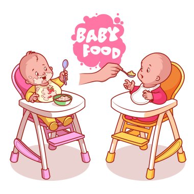 İki bebek sandalyesi tabak yulaf lapası ile çocuklarda.