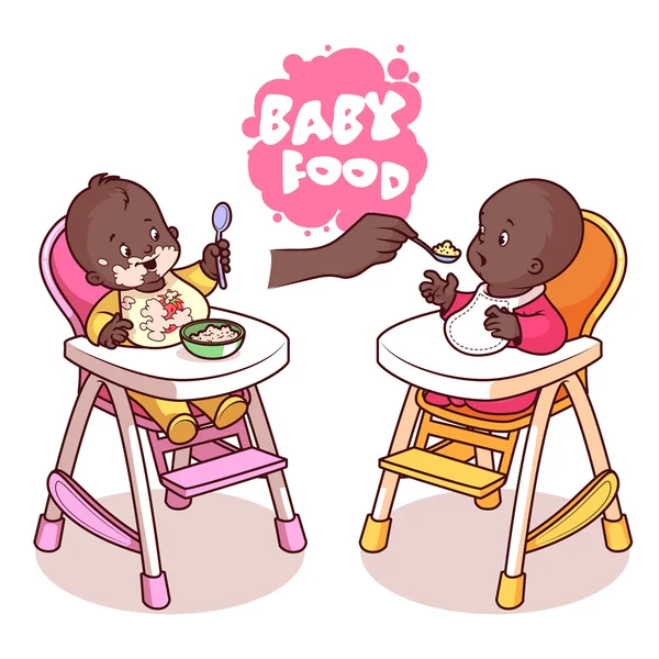 Two kids in baby highchair with plate of porridge. — Stock Vector