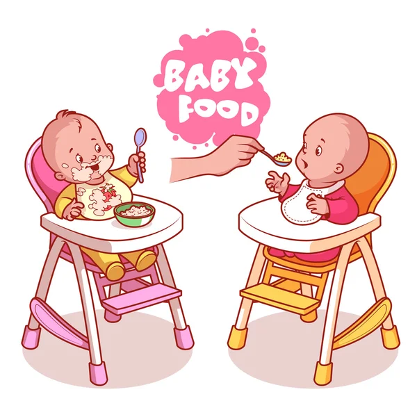 Duas crianças em cadeira alta bebê com prato de mingau de cereal . —  Vetores de Stock