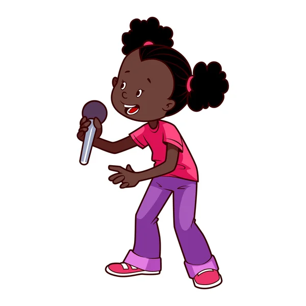 Карикатура афроамериканской девочки, поющей с микрофоном — стоковый вектор