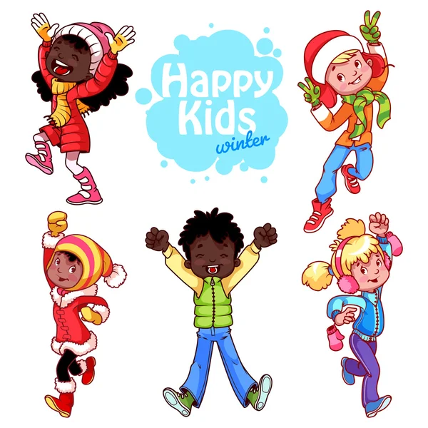 Very happy kids in winter clothes. — Stock Vector