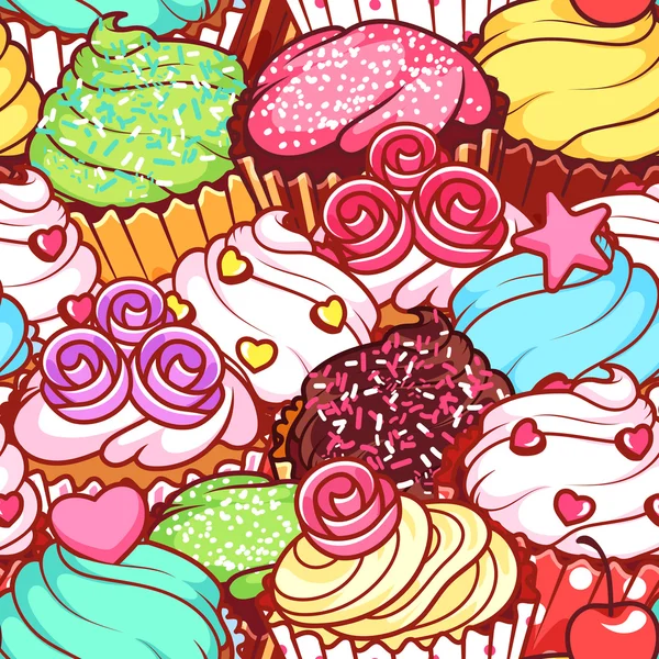 Modèle sans couture avec différents cupcakes — Image vectorielle