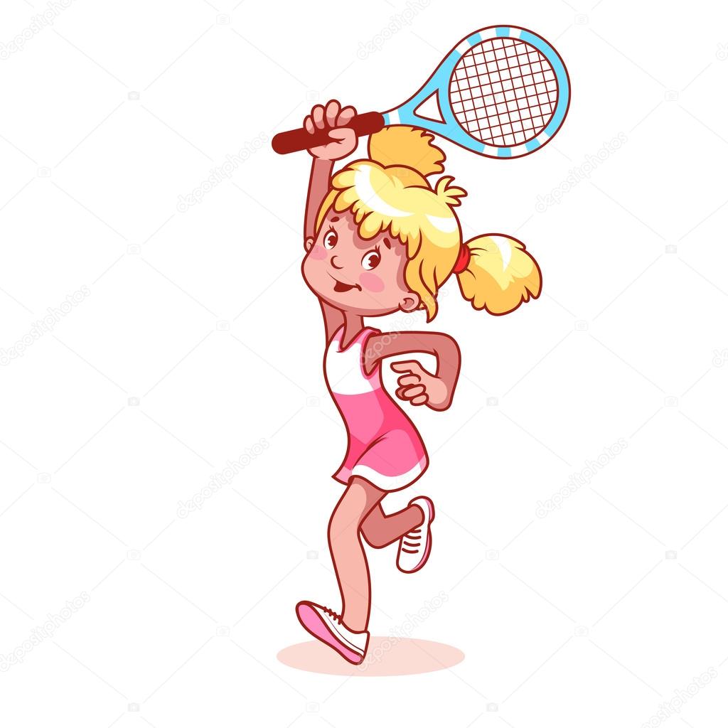 Cartoon girl playing tennis.