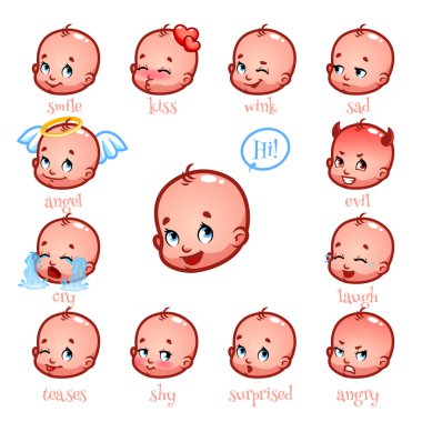 Komik bebek ifadeler kümesi. Gülümseme, öpücük, wink, üzgün, kötü, cry, 