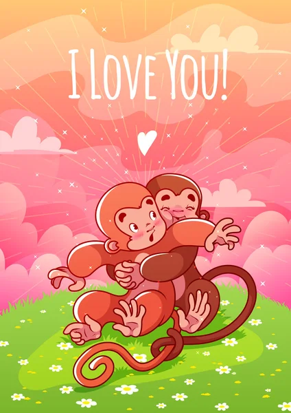 Two enamored monkeys hugging on the lawn. — Stock Vector