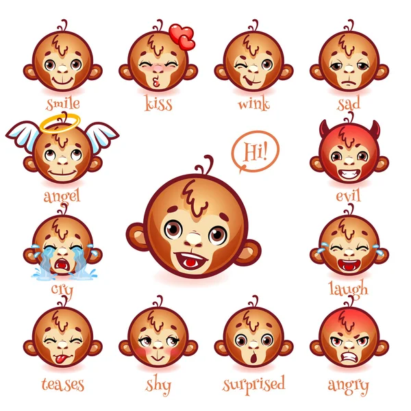 Conjunto de emoticonos mono divertido. Sonríe, besa, guiña, triste, malvado, llora — Archivo Imágenes Vectoriales