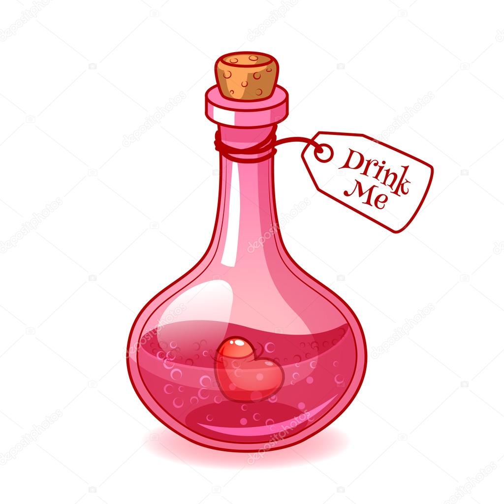 Stoppered pink glass bulb with love potions and heart inside.