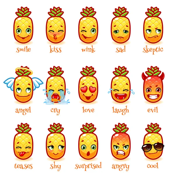 Set of emoticons funny pineapple. — Stock Vector