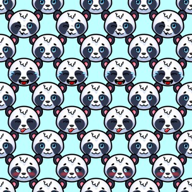 Açık mavi arka planı üzerinde neşeli pandalar ile Seamless Modeli.