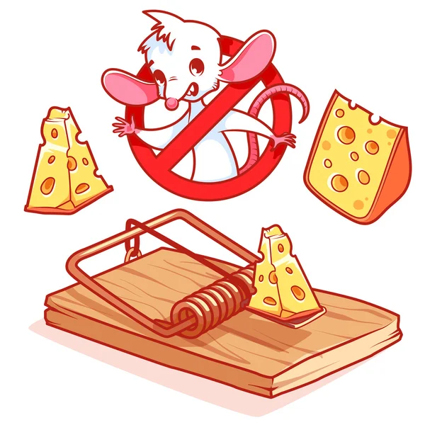 Cute white mouse inside red prohibitory sign with cheese and mousetrap. — Stock Vector