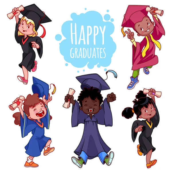 Niños muy felices. Graduados en batas y con diploma en la mano . — Vector de stock