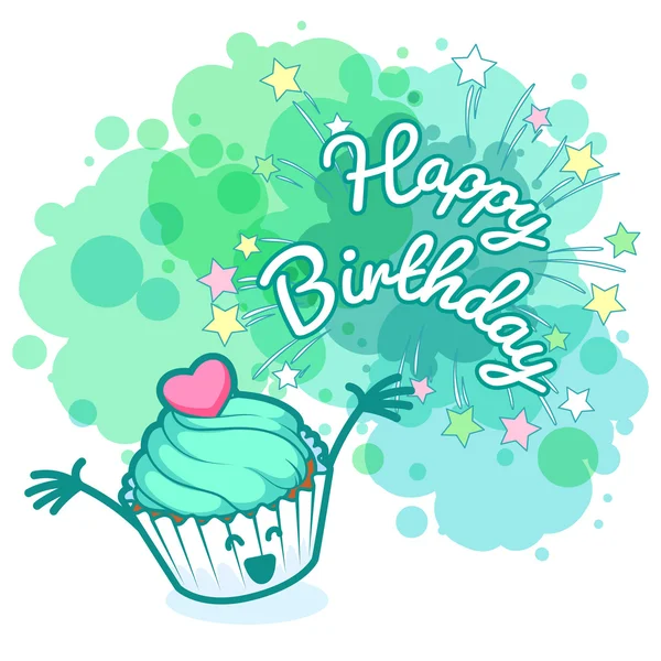 Cartão de saudação "Feliz Aniversário" com cupcak turquesa muito feliz — Vetor de Stock