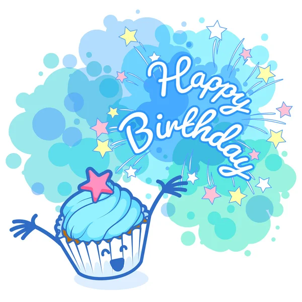 Greeting card "Happy Birthday" with very happy light blue cupcak — Stock Vector