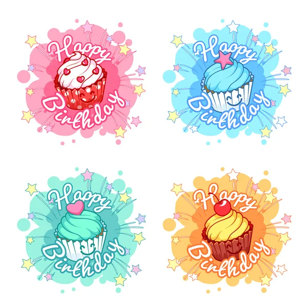 Satz von vier Bannern "Happy Birthday" mit sehr glücklichen Cupcakes. — Stockvektor