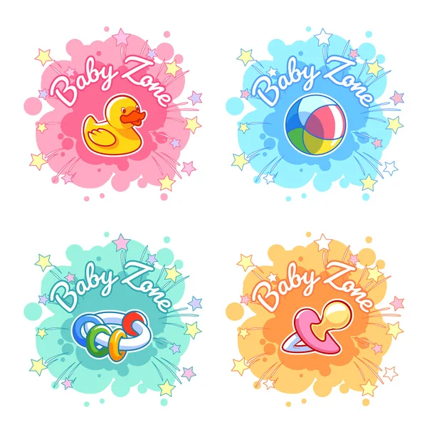 Set of four banners "Baby Zone" with children's toys. — Stock Vector