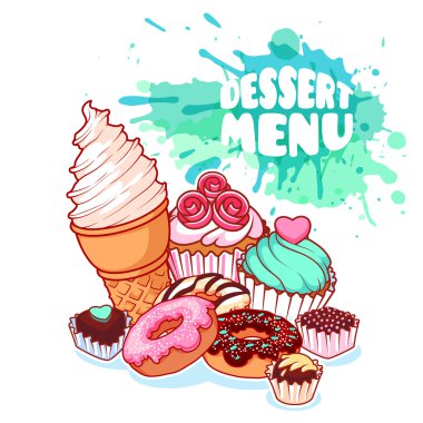 Tatlı menüsü farklı tatlılar: dondurma, çörek, çikolata şekerleme ve kekler.