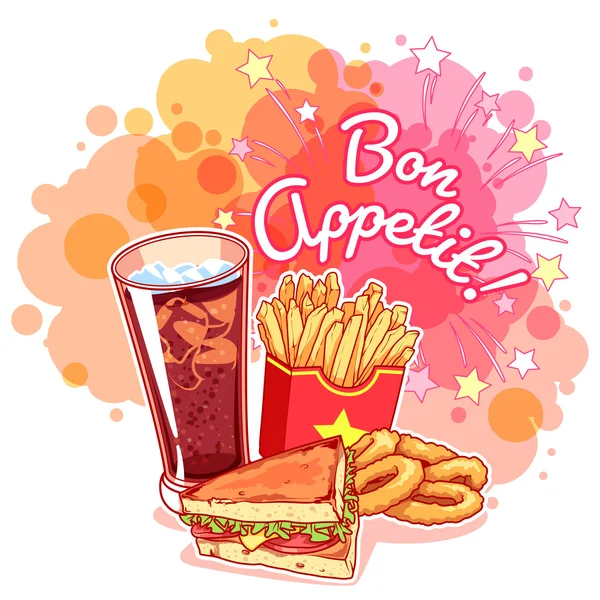 Cartel con vaso de cola, papas fritas, sándwich, aros de cebolla a — Vector de stock