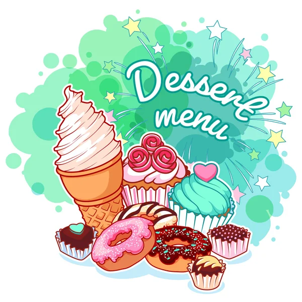 Dessertmenü mit verschiedenen Süßigkeiten: Eis, Donuts, Schokolade — Stockvektor