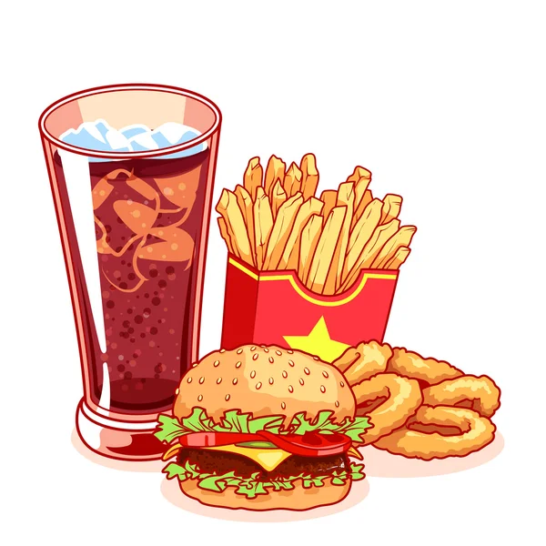 Fast-food: bicchiere di cola, patatine fritte, hamburger e anello di cipolla — Vettoriale Stock