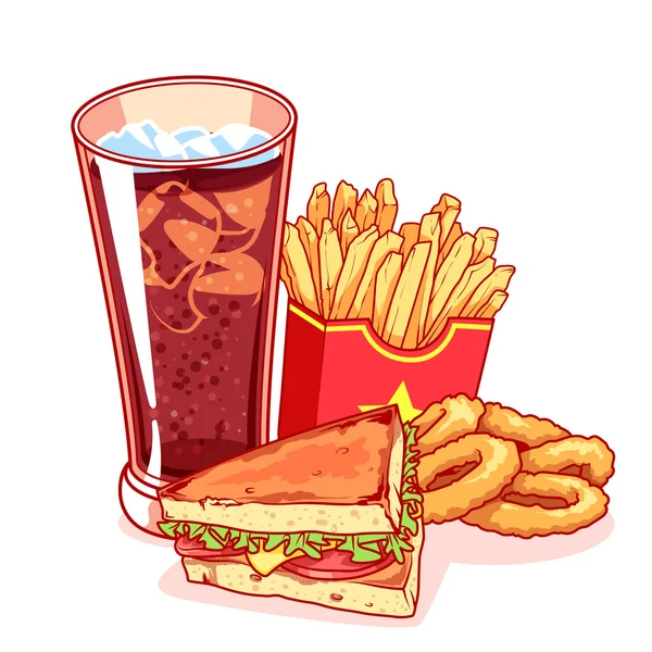 Comida rápida: vaso de cola, papas fritas, sándwich y aros de cebolla — Vector de stock