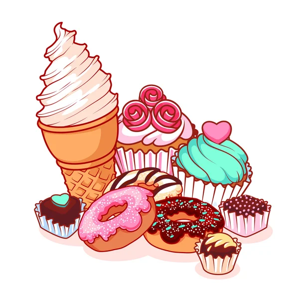 Различные сладости: мороженое, пончики, шоколадные конфеты и кексы — стоковый вектор