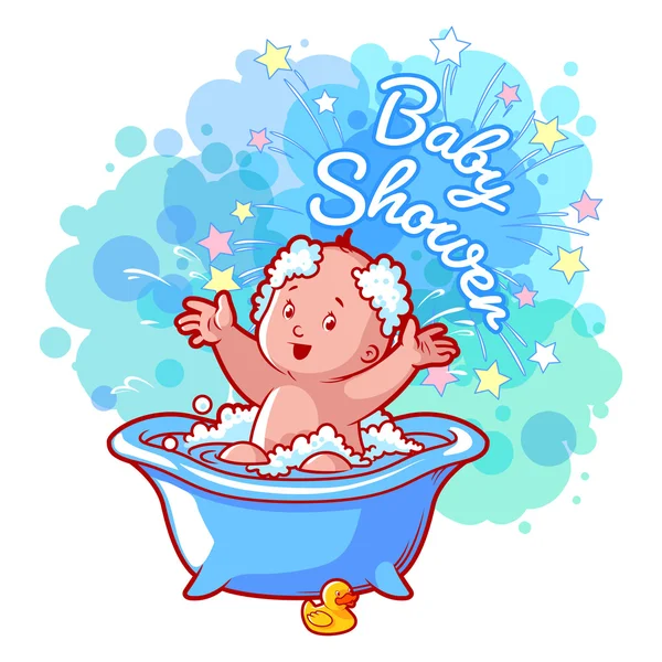 Baby Shower card with cute baby boy in bath. — Stockvector