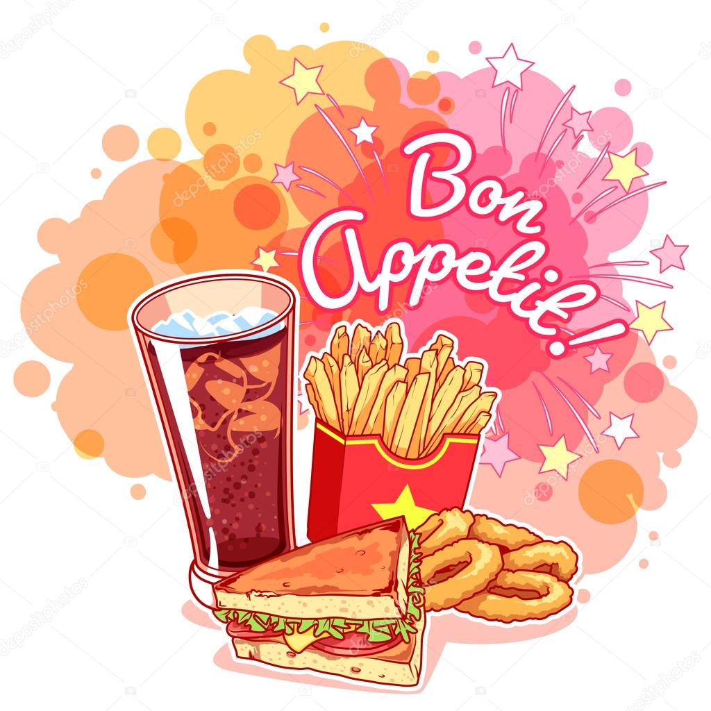 Poster with glass of cola, french fries, sandwich, onion rings a