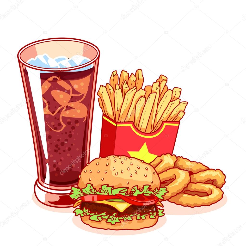 Fast-food: glass of cola, french fries, hamburger and onion ring