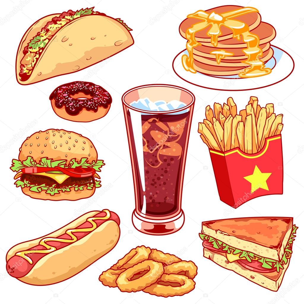 Set of cartoon fast-food icons on white background.