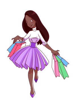 Neşeli genç Afro-Amerikan kız çanta alışveriş gidiyor 