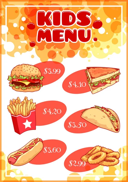 Kinderen Menu voor fast-food. — Stockvector