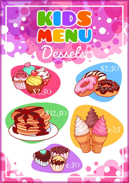 Menú para niños para diferentes postres . — Vector de stock