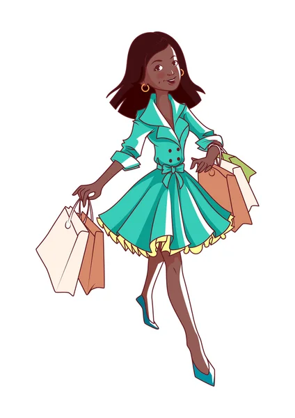 쾌활 한 젊은 아프리카계 미국인 여자 가방으로 쇼핑 간다 — 스톡 벡터
