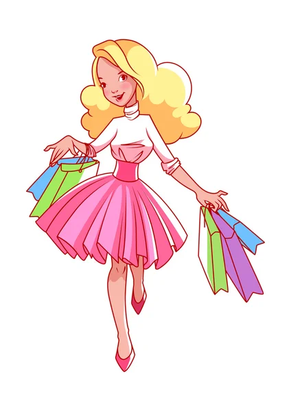 Εύθυμη νεαρή ξανθιά κοπέλα πηγαίνει για ψώνια με τσάντες στο χέρι τους — Διανυσματικό Αρχείο