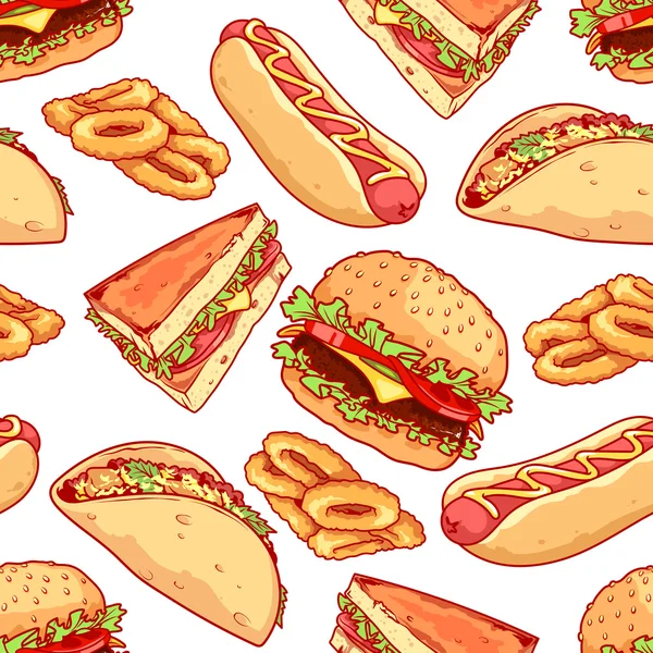 Seamless pattern of burgers, sandwiches, tacos, hot dogs and oni — Stock Vector