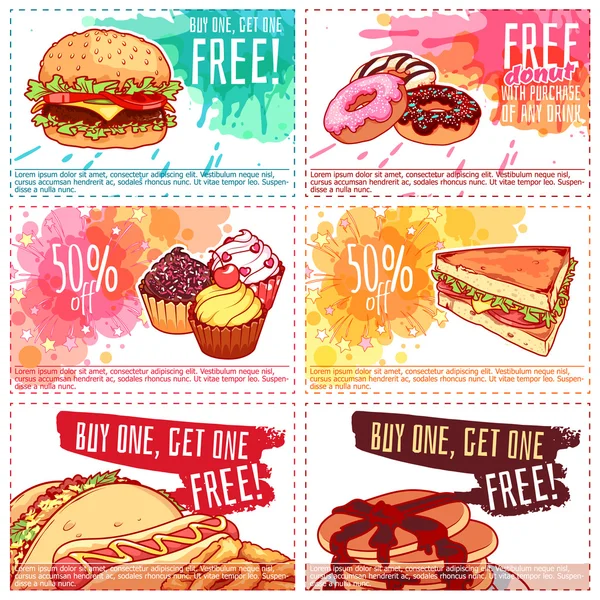 Seis cupons de desconto diferentes para fast-food ou sobremesa . —  Vetores de Stock