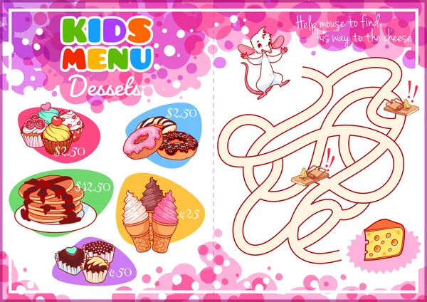 Kids Menu for desserts with maze game. — Stock Illustration Kids Menu for desserts with maze game. Stock Vector