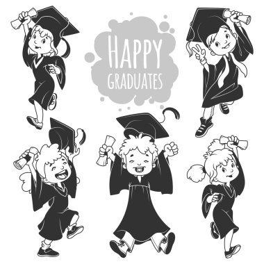 Çok mutlu çocuklar. Önlük ve bir diploma ile el mezunları.