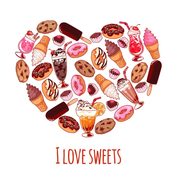 Banner mit verschiedenen Süßigkeiten in Herzform mit Aufschrift " — Stockvektor